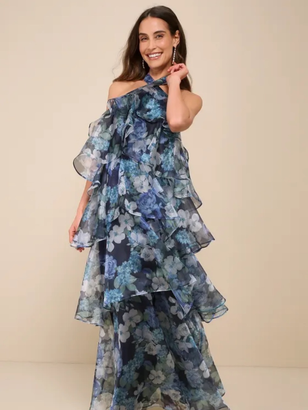 Lulu's Unforgettable Grace Navy Blue Floral Tiered Halter Maxi Dress - Size L